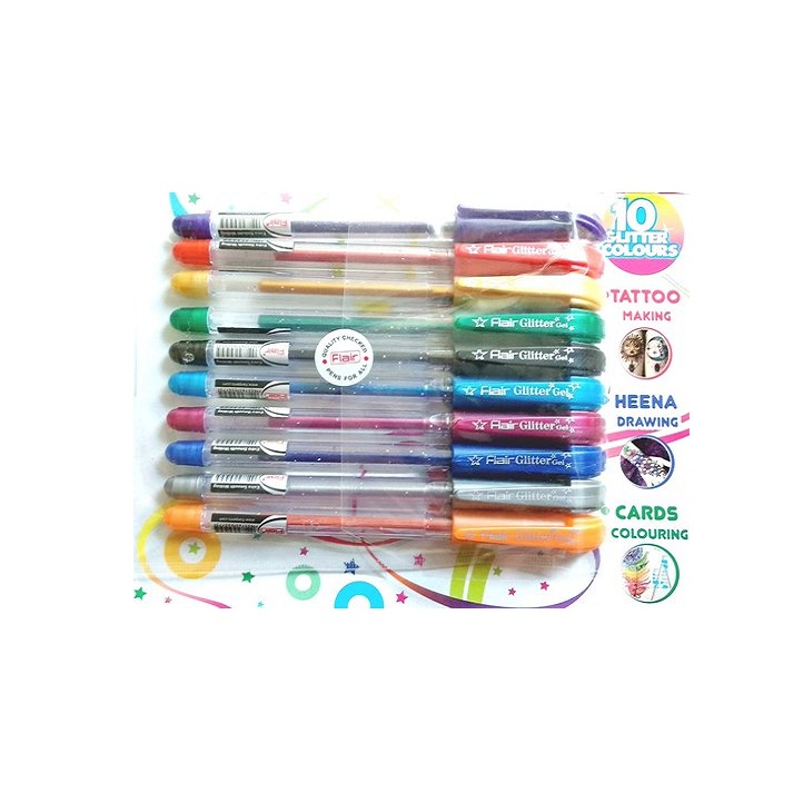 New Flair Extra Sparkle Glitter Gel 10 Different Colors Pen Set For Tattoo India 